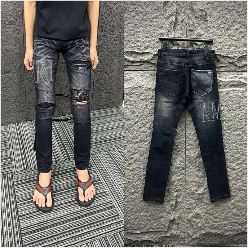 Quần bò jean đen rách, vá da đen, túi sau mix da từ dáng dễ mặc - Nam