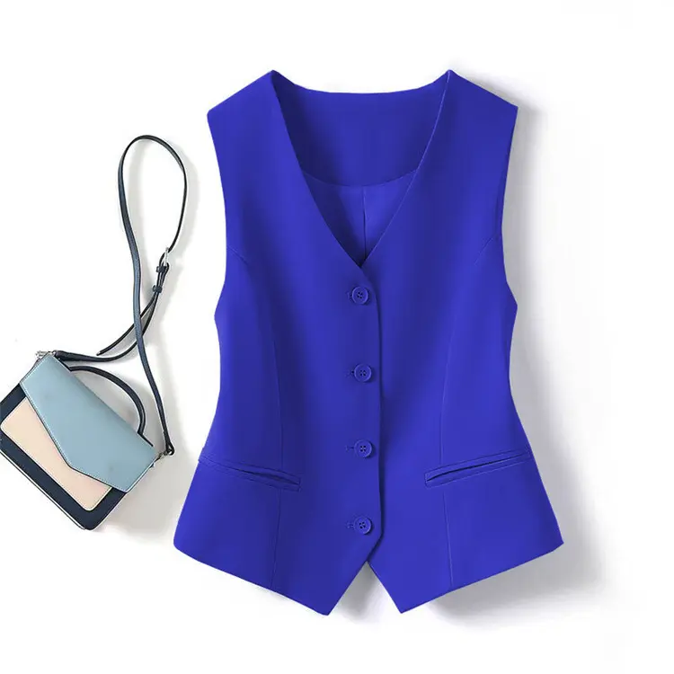 Women's Solid Button Front Vest Blazer, Elegant V Neck Pocket Suit Vest for Work Office Business, Tops for Women, Ladies Spring & Fall Clothes, Going Out Tops Menswear Plain Beige Formal Sapphire Blue Sleeveless Tropical