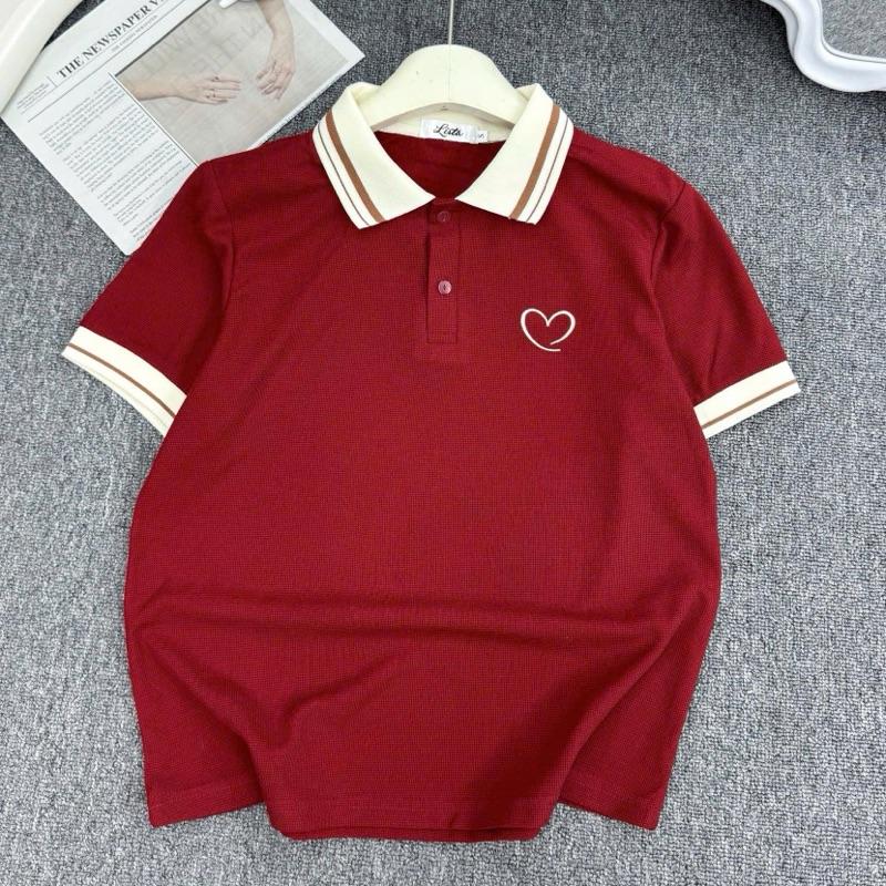 ( Lista ) Áo polo nữ thêu tim cổ dệt kim - cotton tổ ong - polo phối viền kẻ sang trọng - basicc - đủ size tới 85kg ( M10 )
