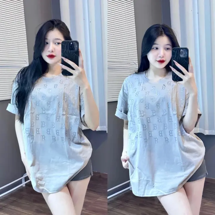Áo phông chữ B in nửa thân chất cotton khô 3158 Nữ Top hot trend Women Cổ Tròn Màu Đen 0