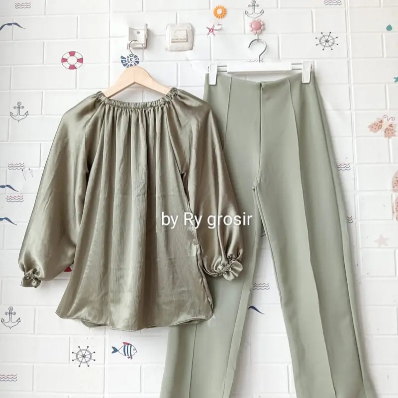 Setelan Wanita Naila Blouse Shimmer Celana scuba Panjang 8