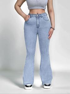 Women's Plain Button Fly Flare Leg Jeans, Casual Comfy Bell Bottom Denim Pants for Daily Wear, Ladies Bottoms for All Seasons