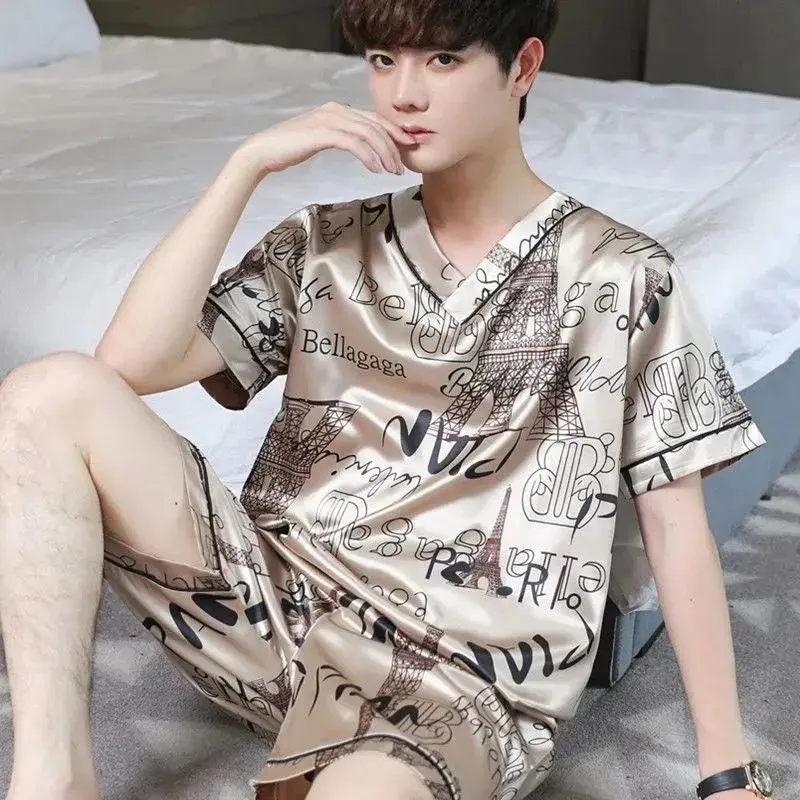 Bộ Đồ Ngủ Cho Nam, Mùa Hè, ngắn Tay, Quần Đùi, Chất Liệu Lụa Lạnh Mỏng, Cỡ Lớn, Mặc Nhà, Bộ Đồ Hai Mảnh Áo Menswear