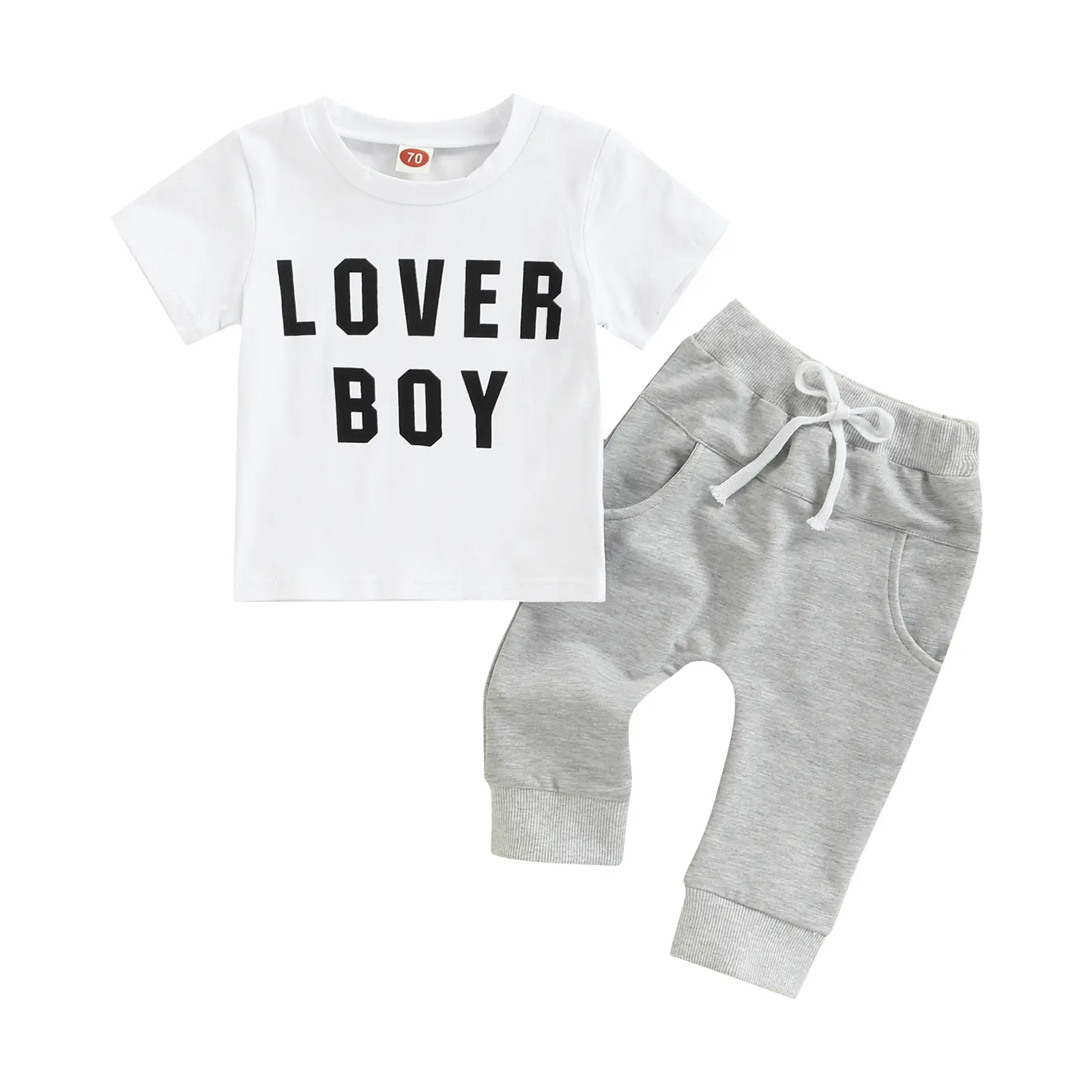 Little Boys 2PCS Outfit Set, Short Sleeve Letters Printed Round Neck T-Shirt, Solid Color Long Pants Set