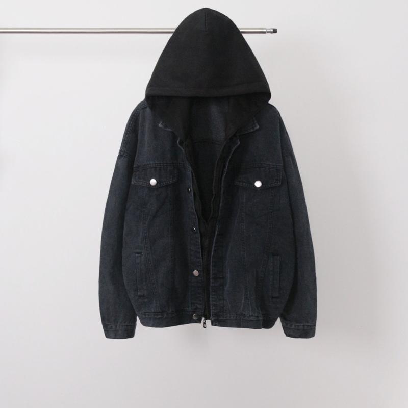 Áo khoác jean đen xám wash khói layer mũ chùm nỉ đen KPis Clothes