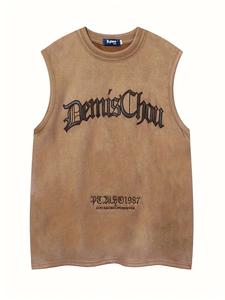 Men's Letter Embroidery Suede Tank Top, Loose Casual Sleeveless Round Neck Top for Summer, Fashion Men's Top for Daily Wear