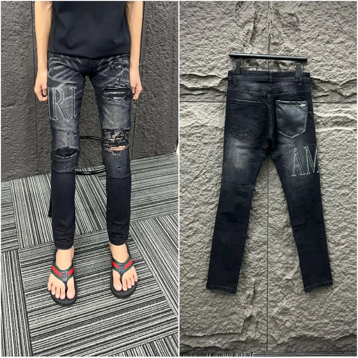 Quần jean nam đen Amiii túi da rách Menswear  Pants.