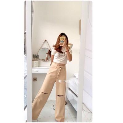 Celana jeans wanita SOBEK ripped jins denim highwaist murah cewek cullote cutbray Korean style 2