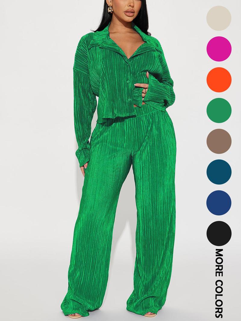 Product Introduction of Women's Solid Pleated Button Front Shirt & Wide Leg Pants Set, Casual Drop Shoulder Long Sleeve Button Up Top & Elastic Waist Trousers for Daily Wear, Ladies Spring & Fall Clothes Set 14