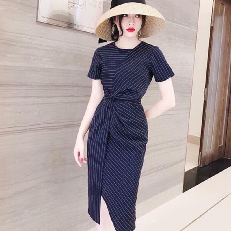 Đầm sọc xoắn eo thời trang cổ tròn Nữ Dress Women đầmbody cổtàu áo tingoan váy  trang  xinh