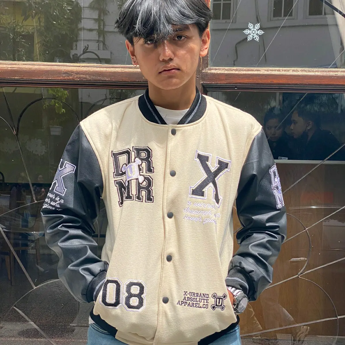 Gudang Jaket store - Jaket Varsity DRMR full embrodery black Creamy Katun Santai Musim dingin
