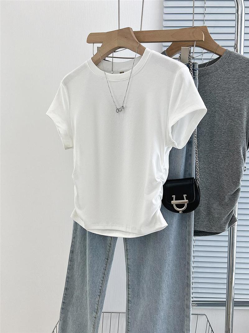Product Introduction of Short pleated women's T-shirt waist design sweet short-sleeved summer cotton round neck top 5