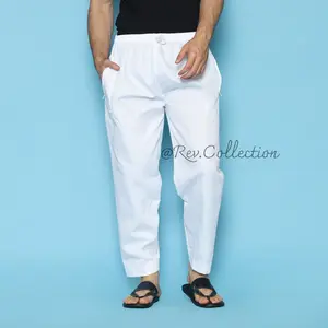 Celana Umroh Pria Sirwal Putih Katun Twill - Saku Resleting Adem Karet Pinggang