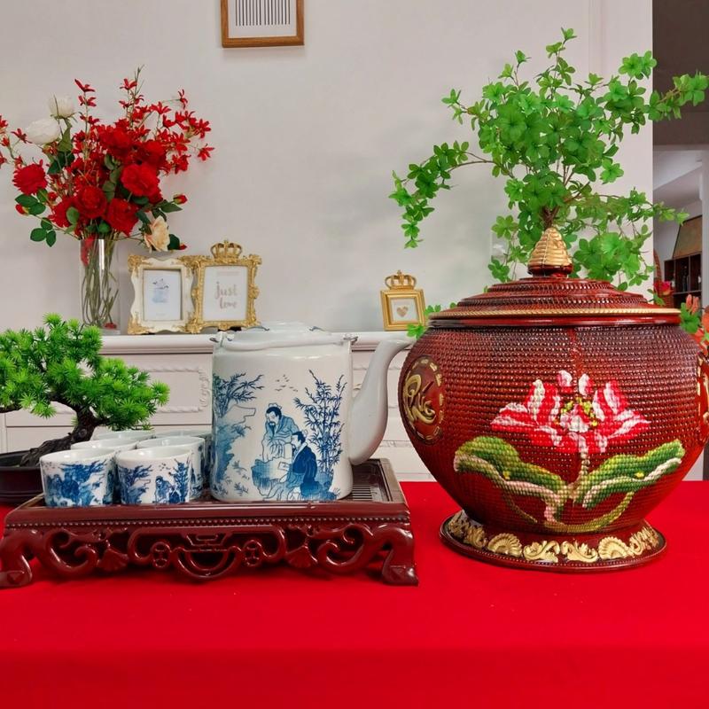 Giỏ ủ ấm tích pha trà xanh trọn bộ, Hàng Bát Tràng bền đẹp, trọn bộ ủ ấm, tích, cốc, khay đựng, dung tích 1,5L