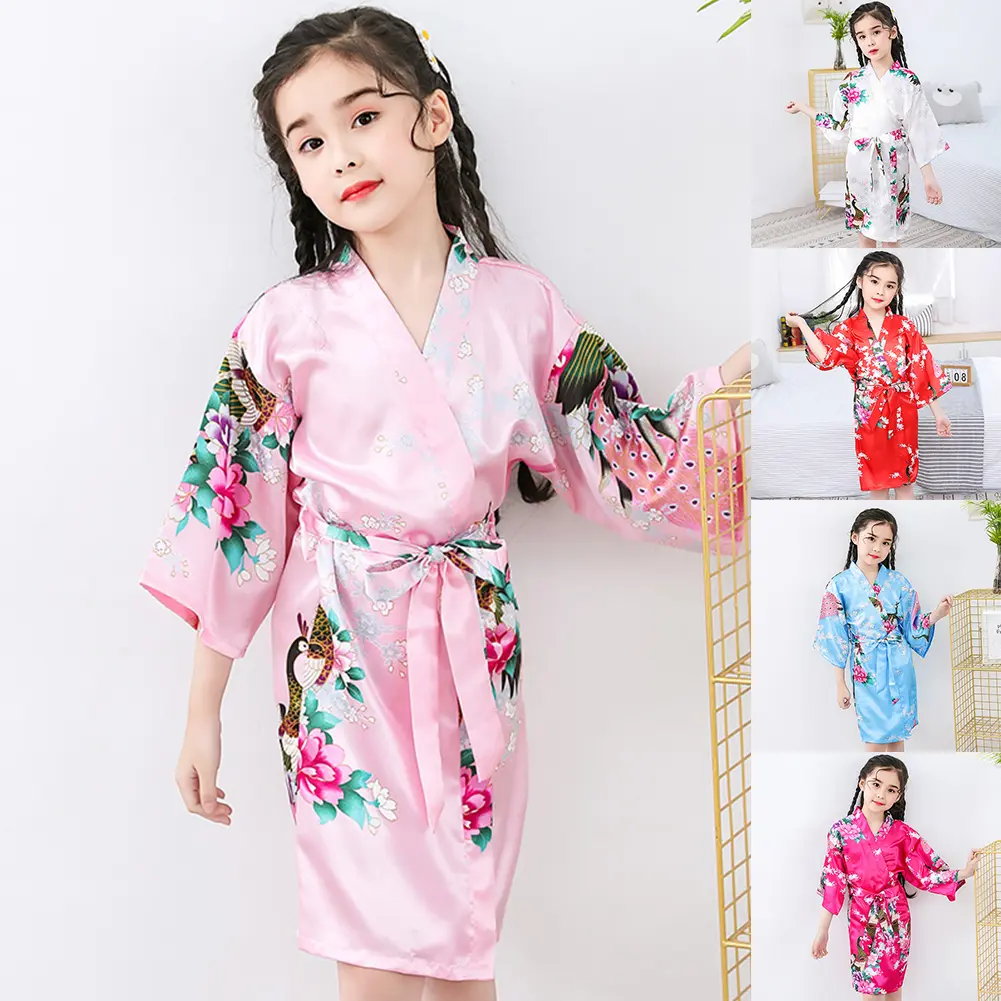 [KEN] Girls Children Long-Sleeve Floral Printing Dressing Gown Bath Robe Sleepwear