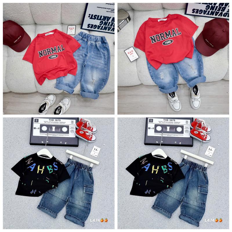   D2  Bộ quần jean dài kèm áo cotton đỏ đen loang quần jean chất mềm jean dài cho bé mang diện tết chất áo vải cotton cho bé trai size 10-29kg 