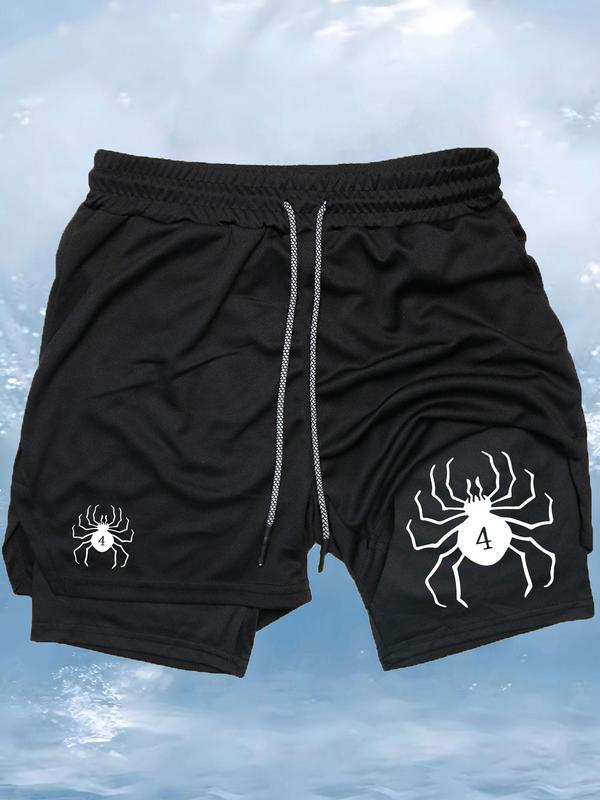 Men's Spider Print 2 in 1 Drawstring Waist Sporty Shorts, Casual Sporty Regular Fit Quick Drying Breathable Bottoms, Men Sports Clothes for Gym Workout Running 2