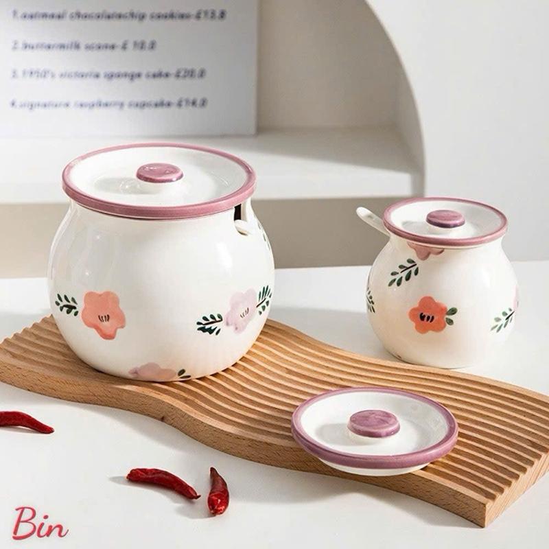 HŨ GỐM SỨ ĐỰNG MỠ HÌNH HOA, ĐỰNG GIA VỊ, CÓ NẮP + THÌA, CHỊU NHIỆT CAO, HỌA TIẾT HOA VĂN ĐẸP 700-1400ml 0