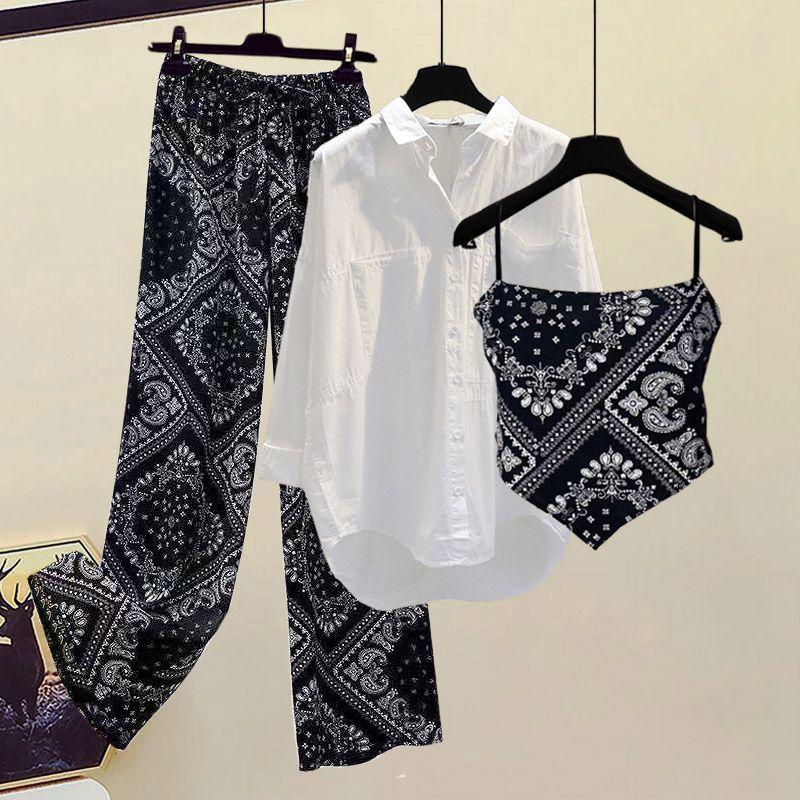 Product Introduction of Hi Mia's Shop | plus Size Women's Clothing Summer Suit Women 2024 New Western Style Youthful-Looking Slim Shirt Small Sling Wide Leg Pants Three-Piece Set 1