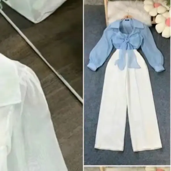 Set áo 2 món áo sm tay dài áo hai dây có mút trong,quần tay ống đứng 1 nút Nữ Top