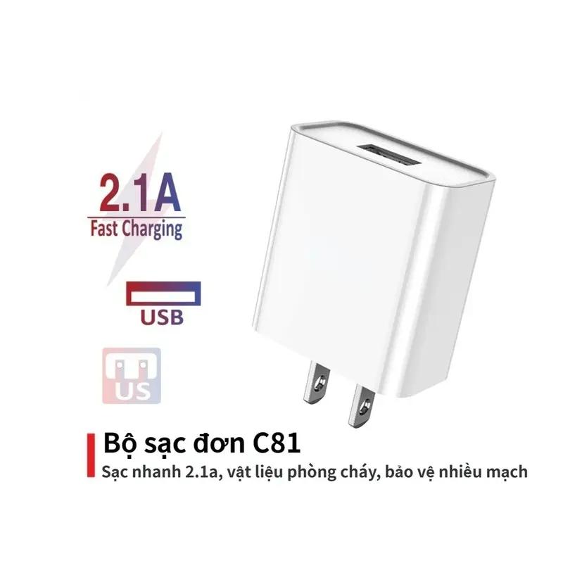 Củ sạc C81 sạc nhanh 2.1A 1 cổng sạc USB chất liệu PVC an toàn dành cho iPhone Samsung Huawei Xiaomi Oppo Phụ Kiện 0