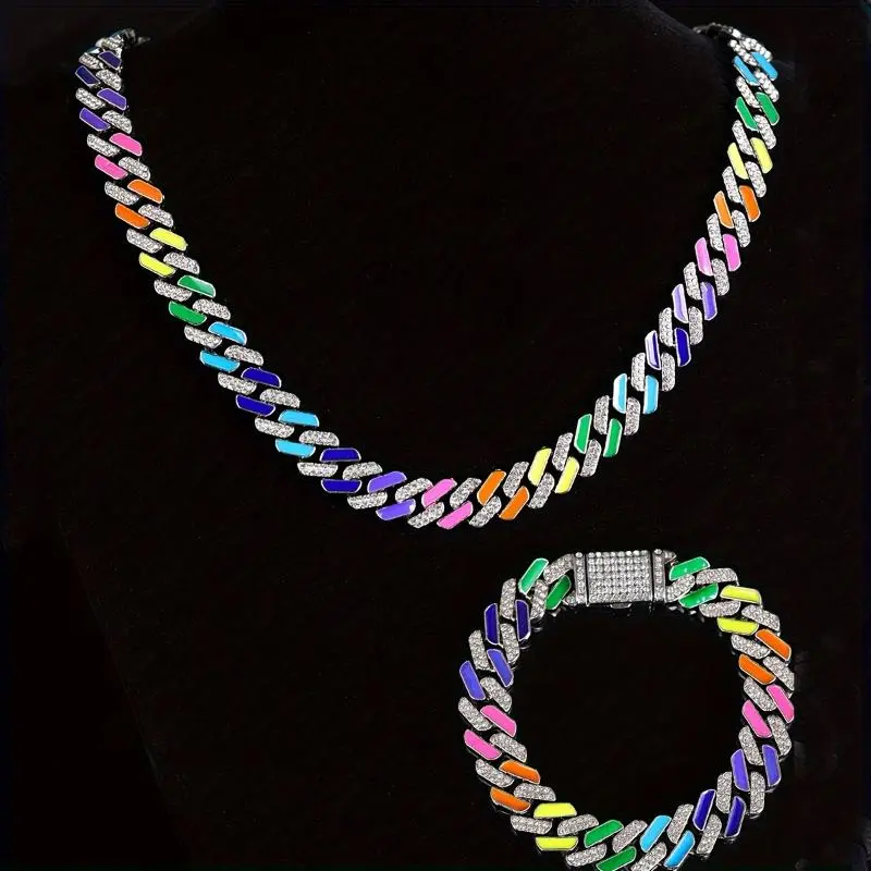 Silvery Plated 2pcs Cuban Link Chain Necklaces - Hip Hop Fashion Colorful Enamel Diamond Pave Zinc Alloy with Rhinestone Embellishments