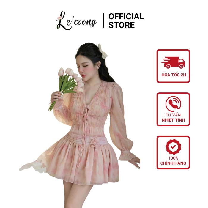 Váy Tiểu Thư Voan Tơ Hồng Xanh Dáng Ngắn Tay Bồng  LECOONG V749  Đầm Hoa Đi Biển Đẹp Sang Chảnh