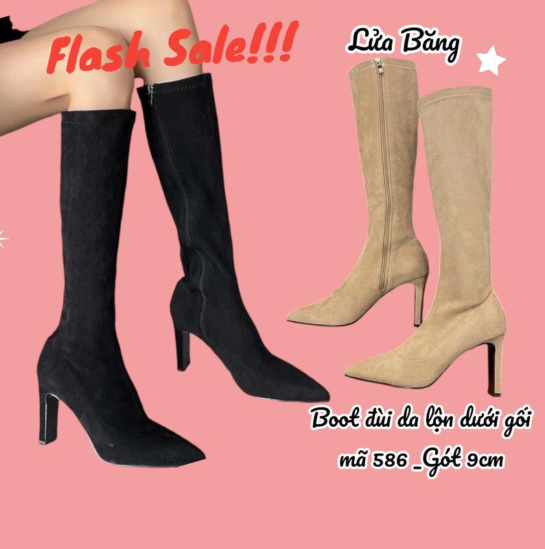 Boot đùi nữ da lộn khoá kéo cạnh gót dẹt 9 phân có lót lông bên trong 586 Shoes GiàY Cổ Cao Bốt
