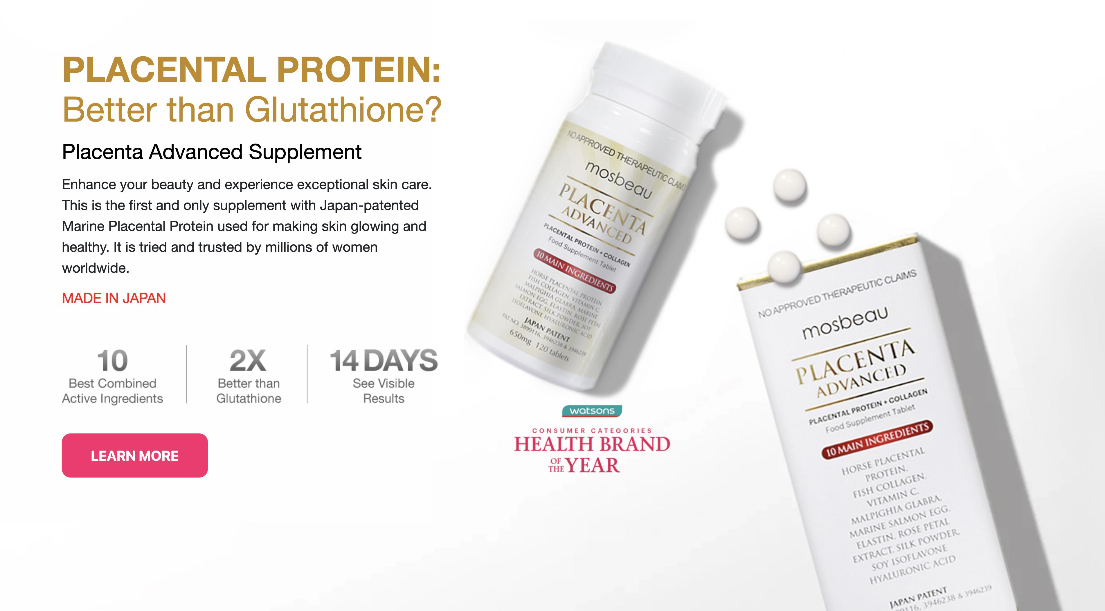 placental protein vs glutathione Placenta Advanced Supplement (120 tablets)