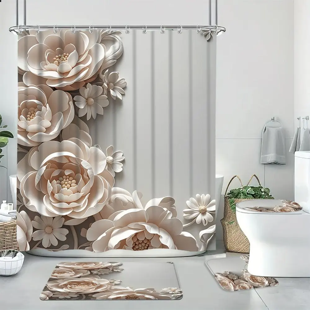 Floral Pattern Bathroom Decor Set, 1 Set Including Shower Curtain & Toilet U-shape Mat & Bathroom Mat & Toilet Lid Cover, Bathroom Accessories