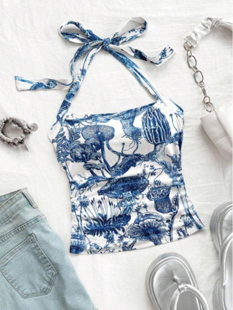 Product Introduction of Women's Landscape Print Halter Neck Top, Casual Sleeveless Top for Summer, Ladies Clothes for Daily Wear 7