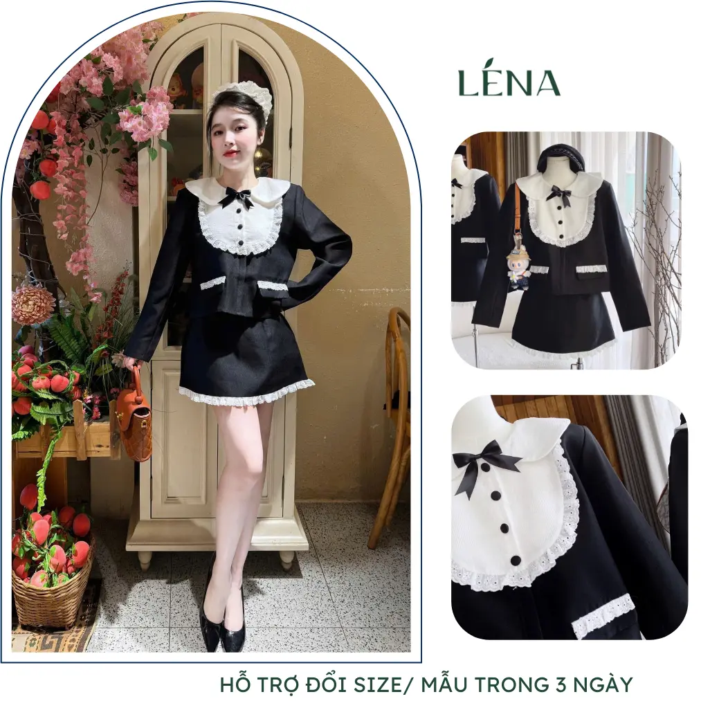(Có BIGSIZE) Set tiểu thư thiết kế nữ áo dài tay cổ sơ mi viền bèo ren, chân váy dáng A LENA 3126 Top