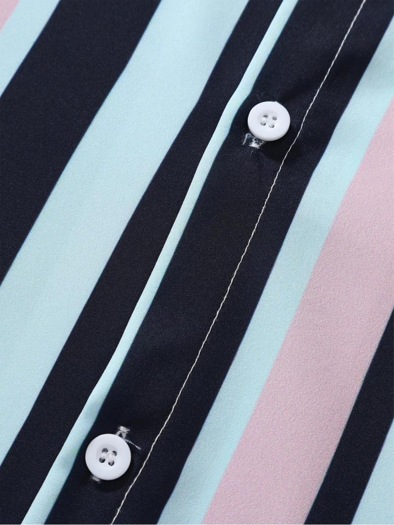 Product Introduction of Men's Striped Print Button Front Shirt, Regular Fit Casual Short Sleeve Collared Top for Summer, Fashion Men's Clothes for Beach Vacation 6