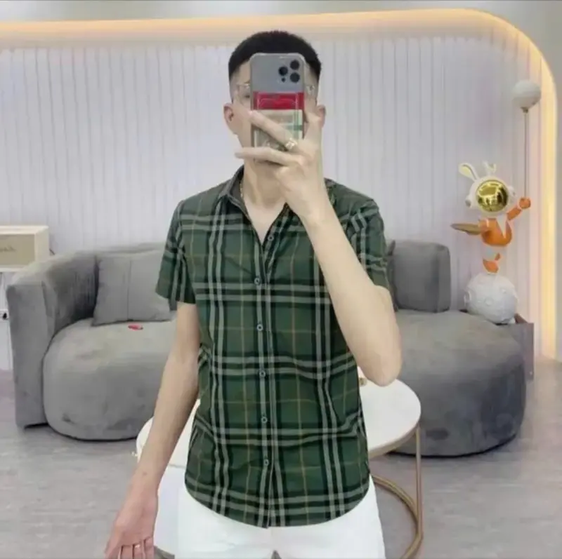 Áo sơ mi nam tay ngắn caro xanh đẹp sang trọng chất lụa  dày dặn thoáng mát mẫu mới hàng cao cấp_Minh Khang shop01 Menswear Có Cổ Shirt Kate 3
