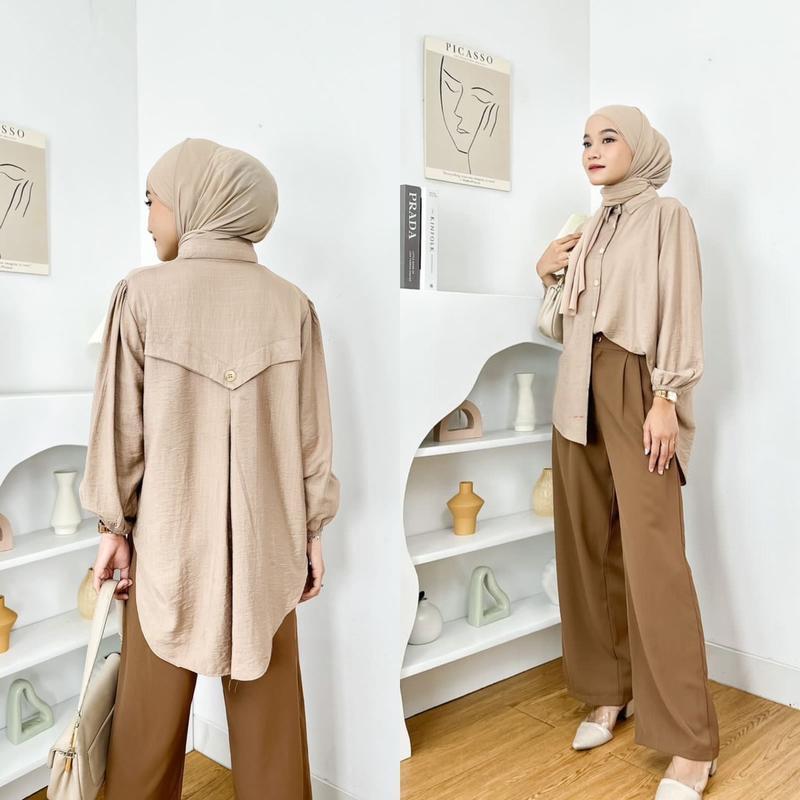 Kemeja Wanita Bahan Polo Linen Laura Blouse Atasan Wanita Full Kancing Lengan Panjang Fashion Remaja Dewasa Kekinian baju model terbaru By Mool Rakyat.Id 5