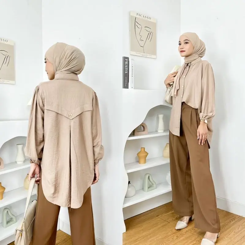 Kemeja Wanita Bahan Polo Linen Laura Blouse Atasan Wanita Full Kancing Lengan Panjang Fashion Remaja Dewasa Kekinian baju model terbaru By Mool Rakyat.Id 4