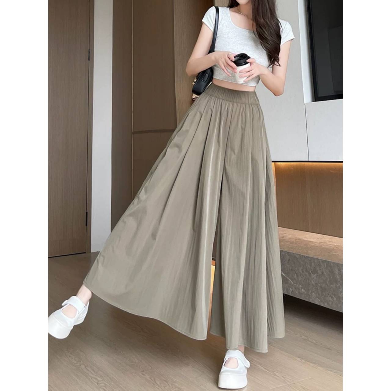 กางเกงกระโปรงผ้าหิมะลดอุณหภูมิ  P66 (เอว26-32 นิ้ว) กางเกงกระโปรงแฟชั่นขายาวเอวสูงสีพื้น Clothing ผู