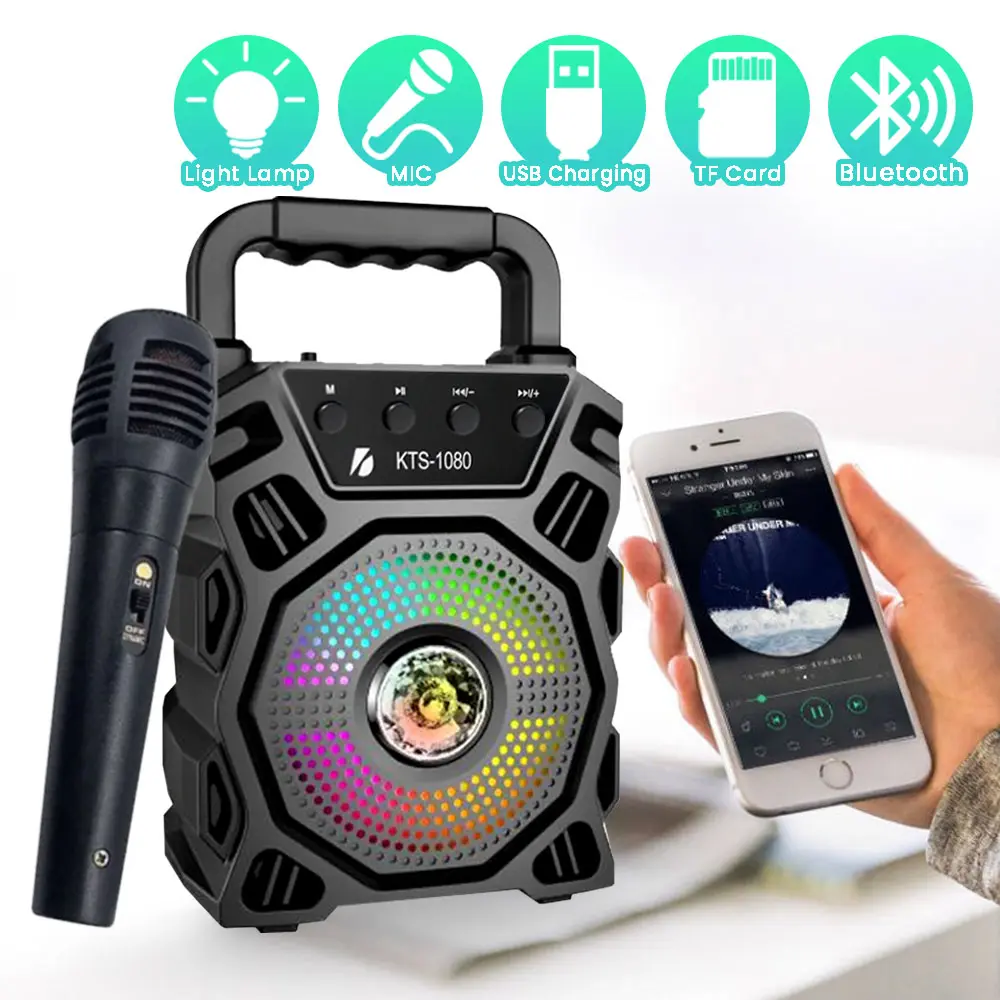 Mikrofon Pembesar Suara Lampu LED, KTS 1080, Mini dan Tanpa Wayar, Pengecasan Denyar USB, Mudah Alih, Karaoke Bluetooth, Radio FM