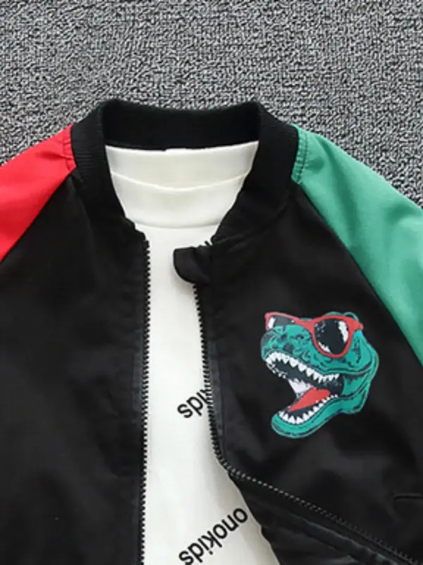 Boys Colorblock Dinosaur Print Pocket Zip Up Bomber Jacket, Casual Raglan Sleeve Mock Neck Outerwear for Fall & Winter, Kids Clothes for Daily Wear 3