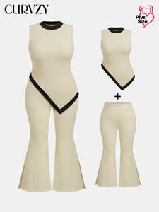 【Plus Size】Two-Piece Set CURVZY Patchwork Print Top & Flare Leg Pants Set, Casual Fashion Cozy Two-piece for Daily Outdoor Wear, Women Clothing for All Seasons