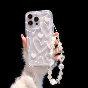 Funda para celular transparente con patrón de corazón y cordón de muñeca con cuentas, 1 unidad de funda protectora anticaída, Accesorio para celular para iPhone 11 12 13 14 15 16 Pro Max, Protector