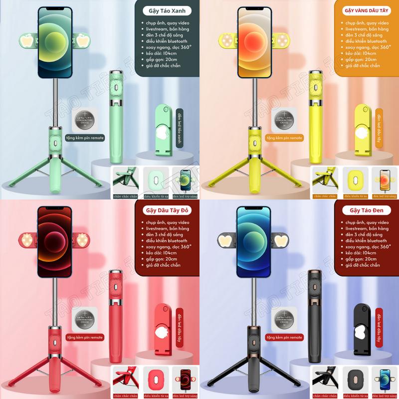 Gậy Chụp Ảnh Cao Cấp M10S Selfie Quay Video Livestream 5 in 1 Có đèn Led điều Khiển Từ Xa Kèm Tripod, Pin Sạc  Kem Phụ Kiện Bluetooth