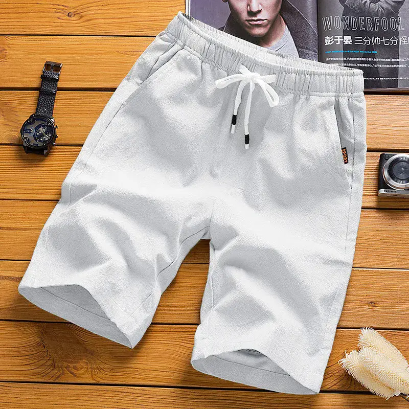 White Shorts Men's Japanese Polyester Running Exercise Shorts Men's Casual Summer Elastic Waist Solid Color Shorts Printed Clothing Beach Pants Pirate Shorts