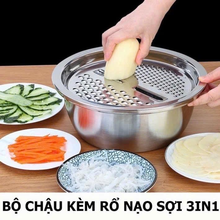 Bộ Nạo Rau Củ Quả Đa Năng Inox 3 in 1 - Bộ Rổ Nạo Củ Quả Kèm Chậu