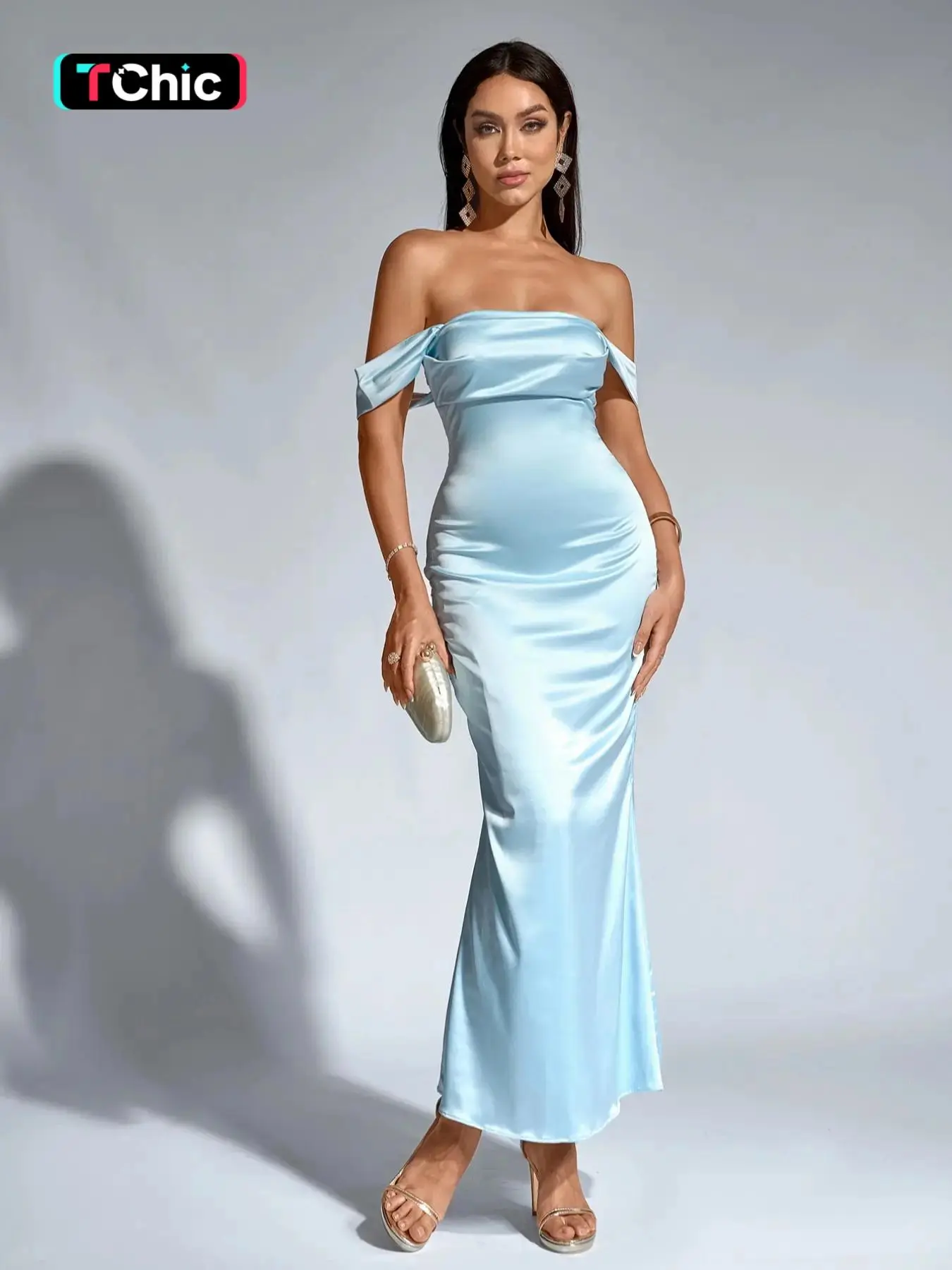 Women's Off The Shoulder Mermaid Party Dress, Elegant Zipper Backless Long Dress for Party Evening Formal Occasions, Ladies' Clothes for Summer