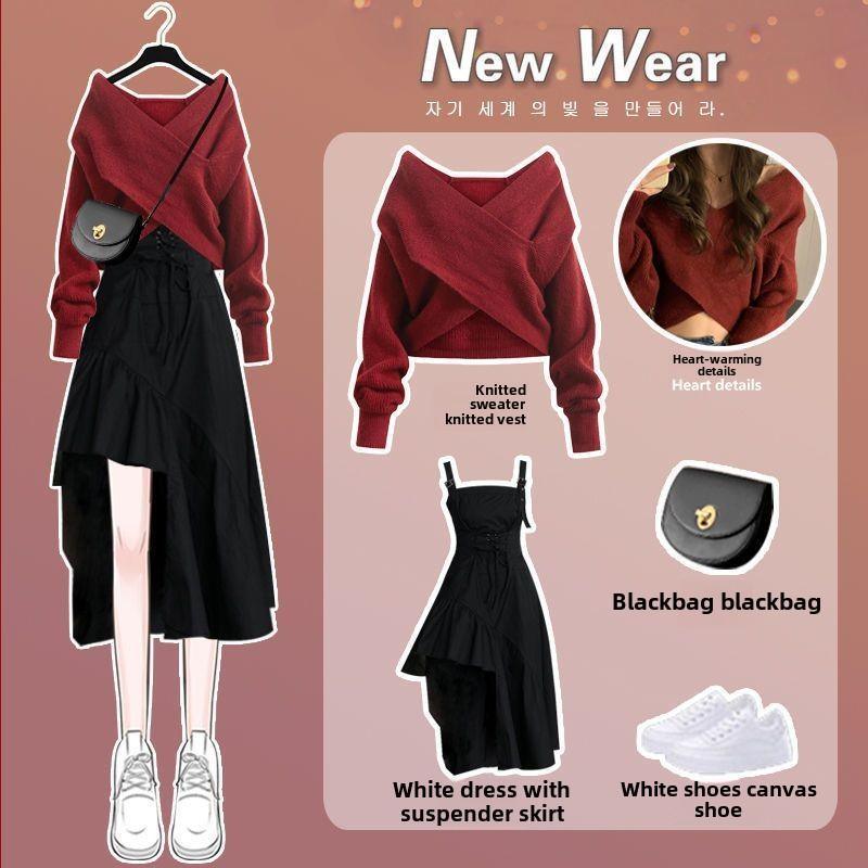 Product Introduction of Plus Size Wear a Whole Suit Women's Autumn and Winter New Knitwear Slimming Easy Matching Sling Dress Two-Piece Suit Clothing Womenswear Lingerie Comfort Longsleeve Basic Casual Minimalist 4