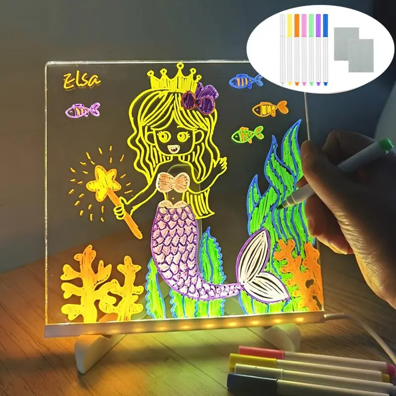 LED Note Board with 12 Color Pens, USB Powered Message Writing Board, Graffiti Board with Light & Bracket, Dry Erase Drawing Board for Home Room Decoration 0