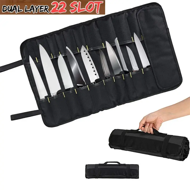 Beg Pisau Chef, Kualiti Premium, 22 Slot, Diperbuat daripada Kain Oxford, Mudah Alih dan Tahan Lama, Sesuai untuk Penyimpanan Pisau dan Kutleri, Beg Membawa Dapur Kitchenware Knife