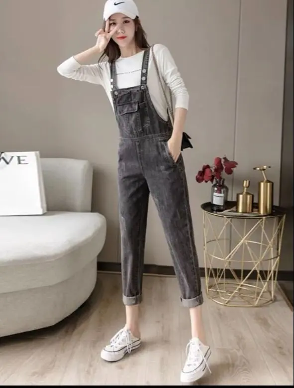Quần yếm jean nữ lưng cao form rộng thoải mái mẫu mới màu đen Quang Vinh store96