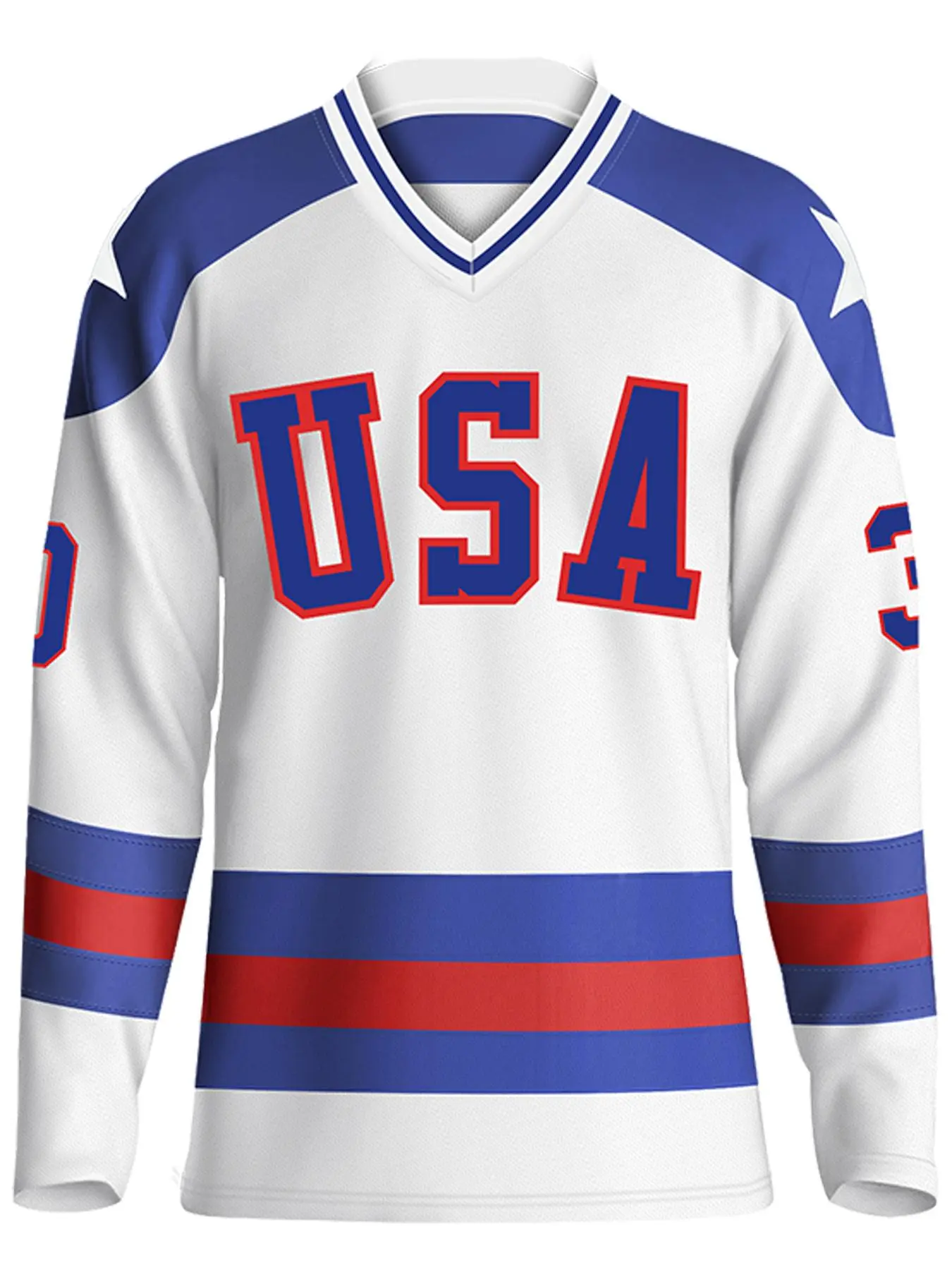 Men's Letter & Figure Embroidery Striped Trim V Neck Ice Hockey Jersey, Regular Fit Casual Long Sleeve T-shirt for All Seasons, Men's Top for Daily Wear